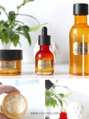 collage image of the body shop oils of life reviewed in this post