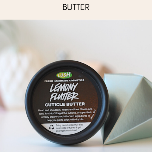 image of lush lemony flutter butter for dry citicles, hands, feet and other dry areas