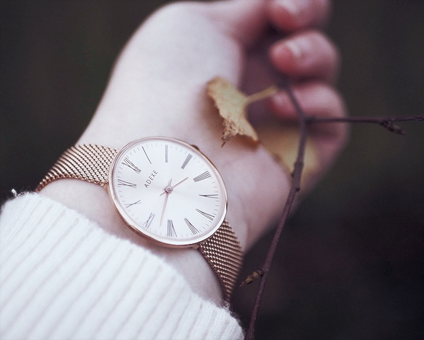 close up photo of adexe sistine petite rose gold watch