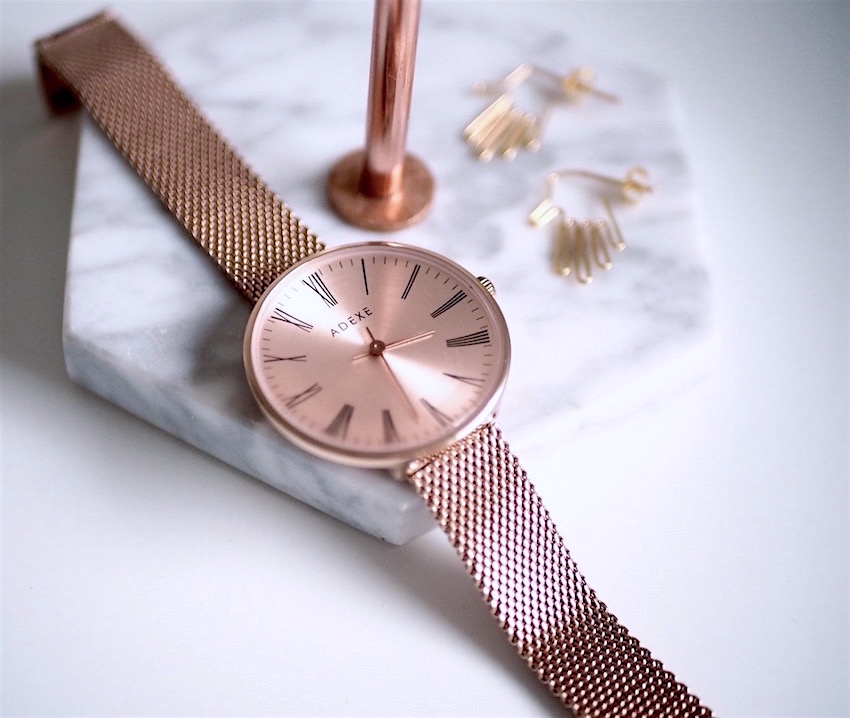 close up photo of adexe sistine petite rose gold watch