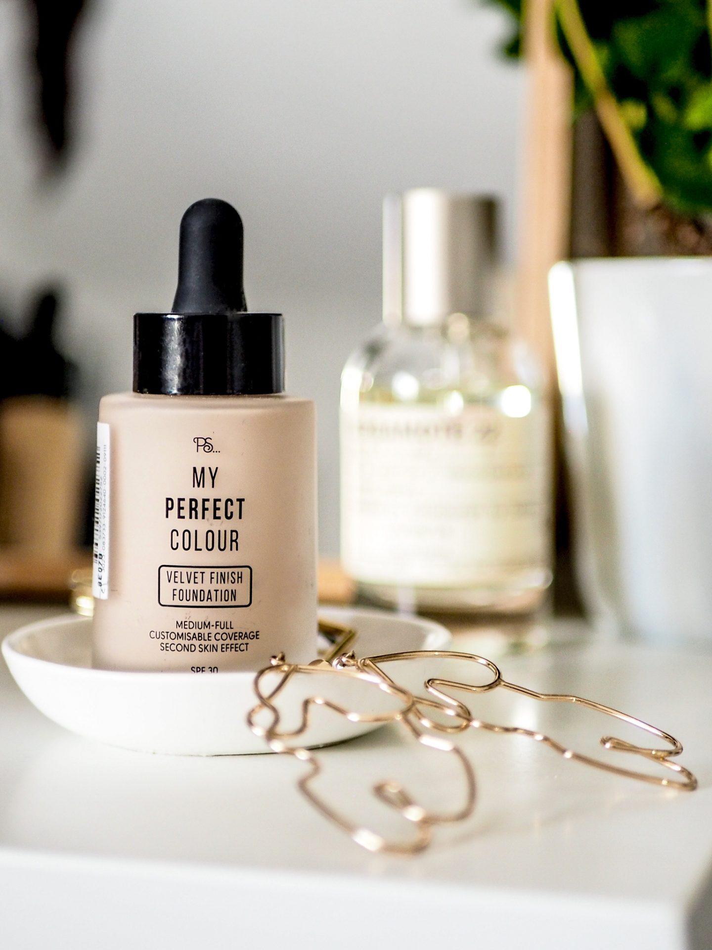 primark velvet finish foundation sitting on dressing table with plant