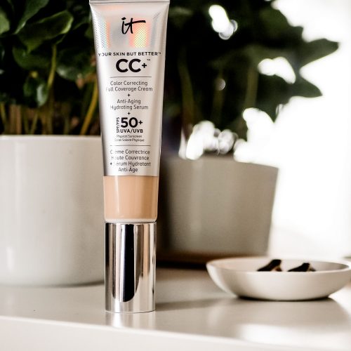 IT CC Full coverage crea sitting on dresser with mirror and plant