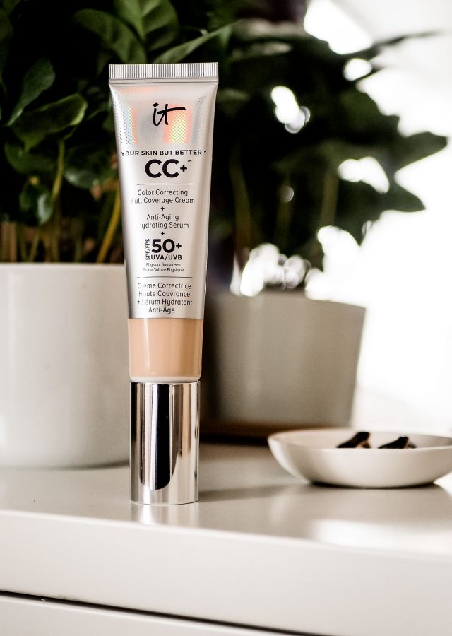 IT CC Full coverage crea sitting on dresser with mirror and plant