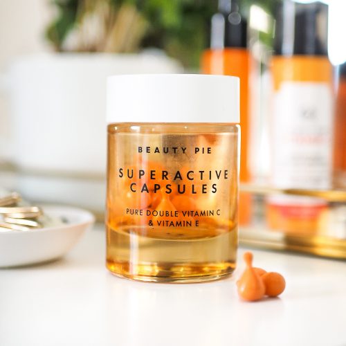 beauty pie vitamin c capsules sitting on vanity