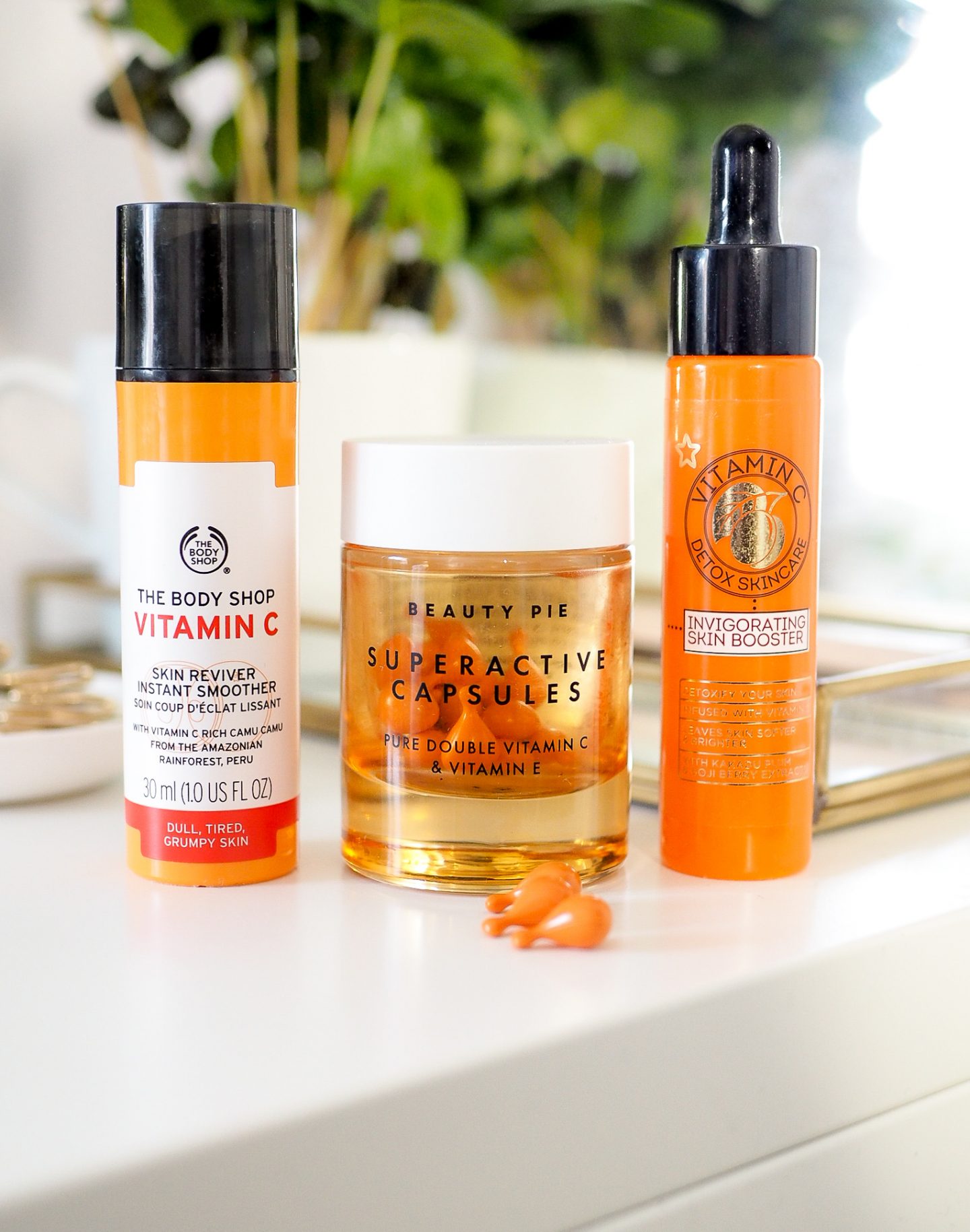 three vitamin c skincare products from the body shop, beauty pie and superdrug